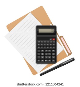 Stationery for office work. Folder, paper, calculator and pen. Materials for reports, business contracts, calculations and information analysis. EPS10 vector illustration isolated on white background.