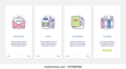 Stationery for office work, paper document management vector illustration. UI, UX onboarding mobile app page screen set with line letter paper envelope, glue stationery notepad folder items symbols