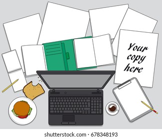 Stationery on desk background: paper, pencils, food, computer, agenda, coffee, notes