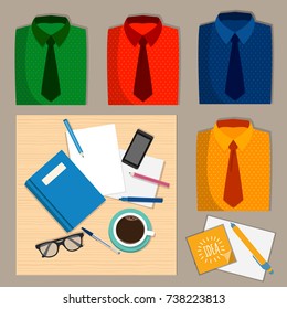 Stationery on the desk and a set of colored shirts, office style. Modern workplaces. Flat style vector illustration.