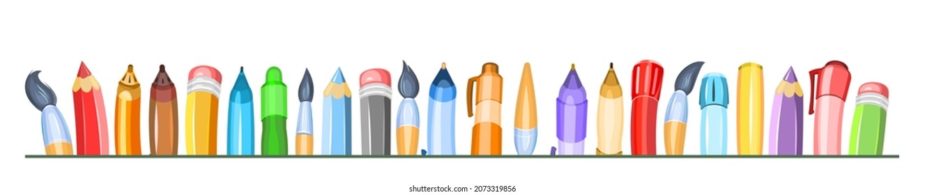 Stationery on the line. Horizontal composition for the border. Pencils and brushes. Items for creativity. Ballpoint and gel pens. Isolated on white background. Cheerful cartoon style. Vector.