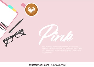 
stationery on the table with shades of pink