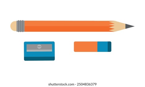 Stationery on a white background. Graphite wooden pencil, plastic sharpener, rectangular eraser. Vector illustration of items for school