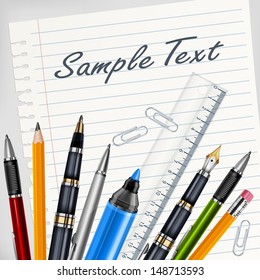 Stationery on white sheet for school, education vector illustration