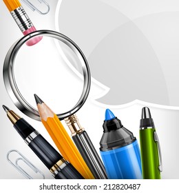 Stationery on white and speech bubble, vector illustration
