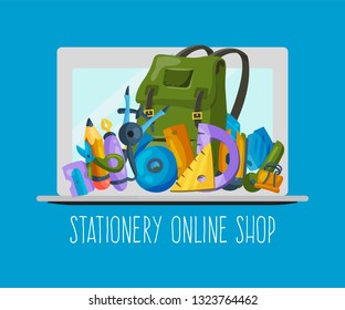 Stationery online shop banner vecror illustration. Equipment for education or office work. Buying supplies on Internet. Backpack with education equipment as pen, pencil, ruler.