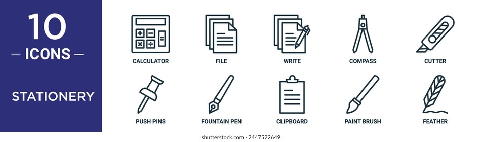 el conjunto de iconos de contorno de diseño de fondo incluye calculadora de línea fina, archivo, escritura, brújula, cortador, clavijas de empuje, iconos de plumilla fuente para informe, presentación, diagrama, Diseño web
