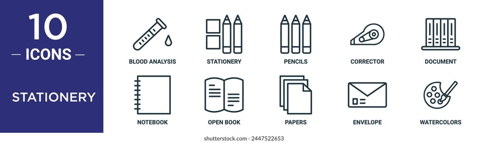 stationery outline icon set includes thin line blood analysis, stationery, pencils, corrector, document, notebook, open book icons for report, presentation, diagram, web design