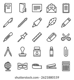stationery outline icon set. office tools black line icon set.