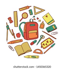 Stationery outline vector illustration hand drawing set of school supplies