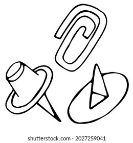 stationery - paper clip, button, doodle style vector illustration with black outline, coloring book