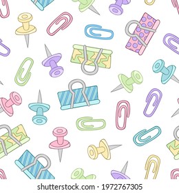 Stationery. Paper clips and pins. Seamless vector pattern (background). Cartoon print. 