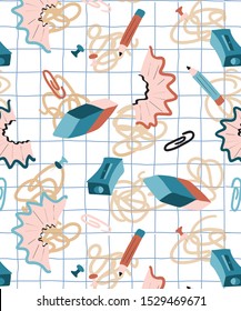stationery pattern with blue squares background and  sketch
