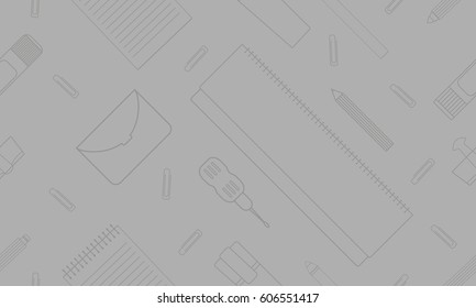 Stationery pattern. Diaries, planing, ballpoint pen, highlighter, marker, envelope, pencil, glue, glue-stick, clips. Vector illustration. Icons