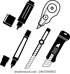 Stationery pen marker eraser knife cutter office supply back to school icon symbol vector illustration 