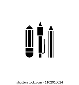 Stationery, pen, pencil black icon concept. Stationery, pen, pencil flat  vector symbol, sign, illustration.