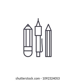 Stationery - pen, pencil linear icon concept. Stationery - pen, pencil line vector sign, symbol, illustration.