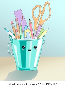 Stationery in pencil holder, vector illustration