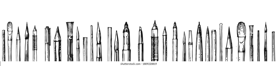 Stationery. Pens, pencils and brushes. Outline hand drawing. Isolated vector object on white background. A sketch with a felt-tip pen, ink on paper. Bottom horizontal frame. Sketch.