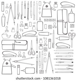 Stationery, pens, pencils, pencil sharpener, paper clips, glue. Vector background