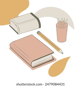 Stationery.  Pens, pencils, rulers, books and notebooks isolated on a white background. Vector illustration.