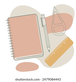 Stationery.  Pens, pencils, rulers, books and notebooks isolated on a white background. Vector illustration.