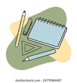 Stationery.  Pens, pencils, rulers, books and notebooks isolated on a white background. Vector illustration.