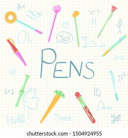 Stationery pens (set) on the background of a sheet of notebook paper in a cage with children's drawings. Vector illustration.