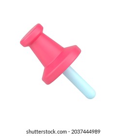 Stationery pin 3d icon. Red button for securing sheets paper and light items. Metal pin for fixing announcements and reminders. Keeping pictures and presentation messages. Realistic isolated vector