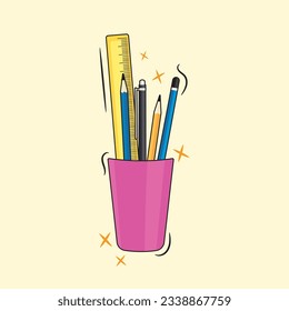 Stationery in a pink cup illustration vector. Perfect for student or teacher