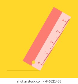 Stationery. Pink Ruler was cut down on yellow back background. Flat design vector illustration.