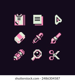 Stationery Pixel Art Icon Set, Schere, Wecker, Sanduhr, Ordner, Notizblock, Bürobedarf Produkte. Isolierte Vektorillustration. Pixel-Art. 8-Bit-Animation.