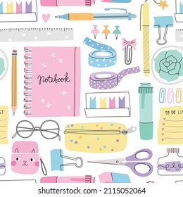 Stationery Planner Seamless Pattern. Doodle Cute School Texture On White