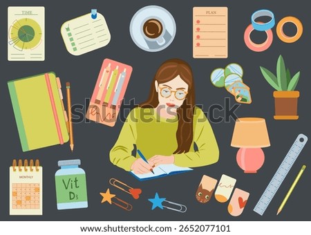 Stationery and planner set with notebooks, pens, stickers, paper clips, lamp, plant, coffee cup, and a girl writing. For planning and productivity themed designs