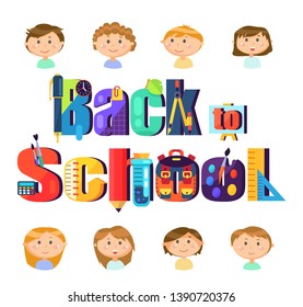 Stationery and pupils children, back to school vector. Education and knowledge, boys and girls, pen and pencil, timer and easel, calculator and flask