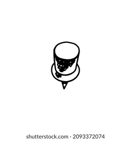 Stationery push pin to attach documents in hand drawn doodle style, vector illustration isolated on white background. Monochrome sketch pushpin, map constructor element.