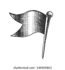Stationery Pushpin Clinch In Wave Flag Form Vector. Prick Pushpin For Mark Travel Visited Place On Map. Needle Button Black And White Hand Drawn In Retro Style Cartoon Illustration