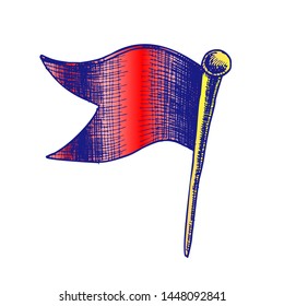 Stationery Pushpin Clinch In Wave Flag Form Vector. Prick Pushpin For Mark Travel Visited Place On Map. Needle Button Color Hand Drawn In Retro Style Illustration