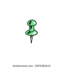 Stationery pushpin with sharp needle, hand drawn sketch vector illustration isolated on white background. Doodle push pin icon for map location designation.