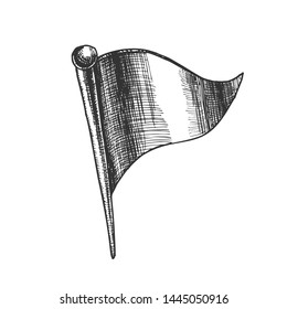 Stationery Pushpin In Triangle Flag Form Vector Closeup. Prick Pushpin For Mark Place On Map. Needle Button Pin Paper Clamp Monochrome Designed In Vintage Style Cartoon Illustration