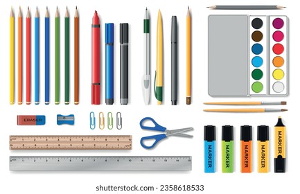 Stationery realistic set of coloured pencils pens markers rulers watercolours paperclips scissors rubber sharpener brushes isolated vector illustration