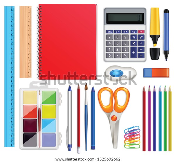 Stationery Realistic Set Isolated Images Colourful Stock Vector 