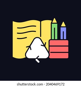 Stationery from recycled magazines RGB color icon for dark theme. Recycling old papers. Biodegradable pencil. Isolated vector illustration on night mode background. Simple filled line drawing on black
