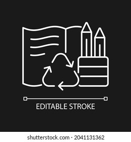 Stationery from recycled magazines white linear icon for dark theme. Recycling old newspapers. Thin line customizable illustration. Isolated vector contour symbol for night mode. Editable stroke