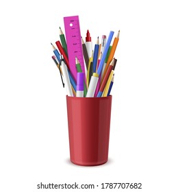 Stationery are in red plastic cup. Pens, pencils, eraser, felt-tips, marker, ruler. School or office supplies, writing, drawing implements. Vector realistic illustration isolated on white background.