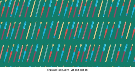 Stationery. Repeating pattern. School supplies, pens, pencils, markers. Education. Colored vector seamless background.