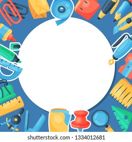Stationery round pattern vector illustration. Discounts on school and office supplies. Shopping or buying tools such as pen, pencil, glue, ruler, sharpener, marker, notebook.
