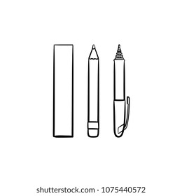 Stationery - ruler, pen and pencil hand drawn outline doodle icon. School supplies vector sketch illustration for print, web, mobile and infographics isolated on white background.