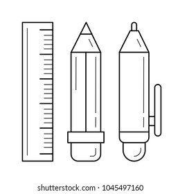 Stationery - ruler, pen and pencil vector line icon isolated on white background. School supplies line icon for infographic, website or app.