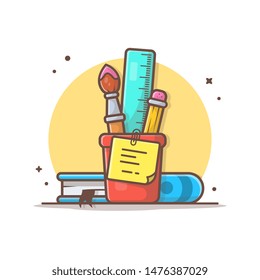 Stationery with Ruler, Pencil, Paint Brush and Book Vector Icon Illustration. Write. Back to School. Flat Cartoon Style Suitable for Web Landing Page, Banner, Flyer, Sticker, Wallpaper, Background